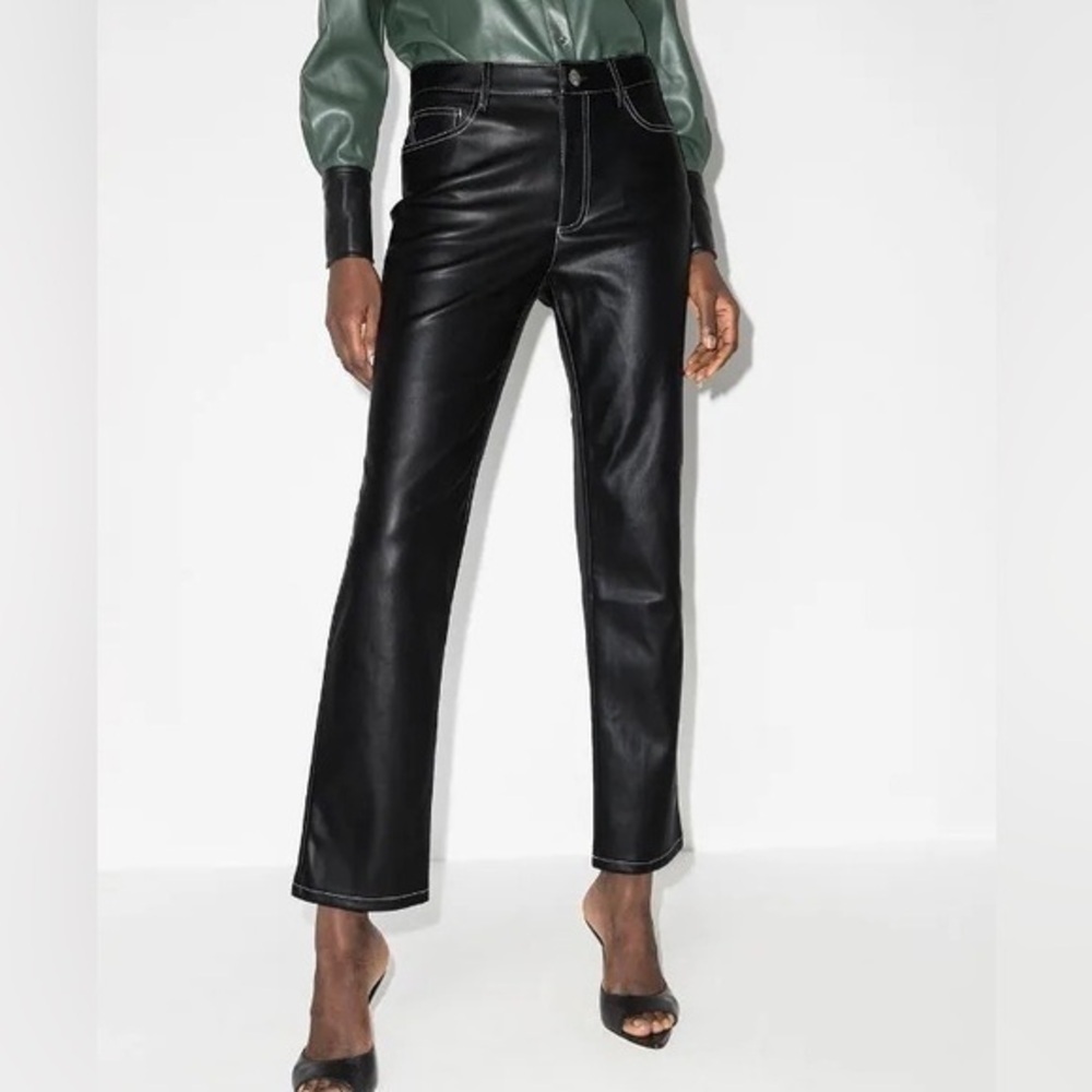 STAUD Elliot High Waist Faux Leather Trouser Straight Leg Black Color Size 8